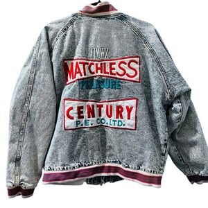 Paris Express Vintage Denim Bomber Jacket Size Medium 100% Cotton Embroidered